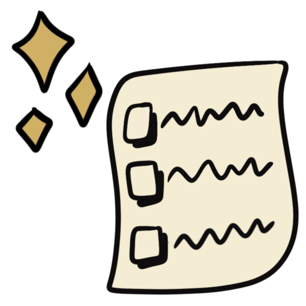a tan piece of paper with a three item checklist in fake writing on it and three diamond shaped yellow sparkles above it.